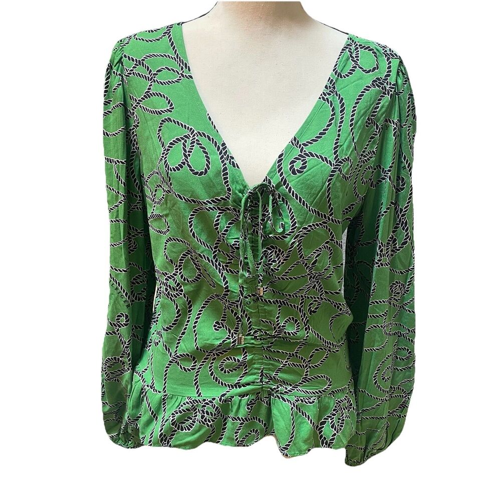 Tommy Hilfiger Rope Print Blouse Medium Ruched V-Neck Tie Front Green Nautical
